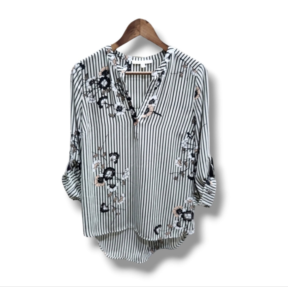 Floral Striped 3/4 Length Roll-Tab Sleeve Blouse by Black Rainn | Medium